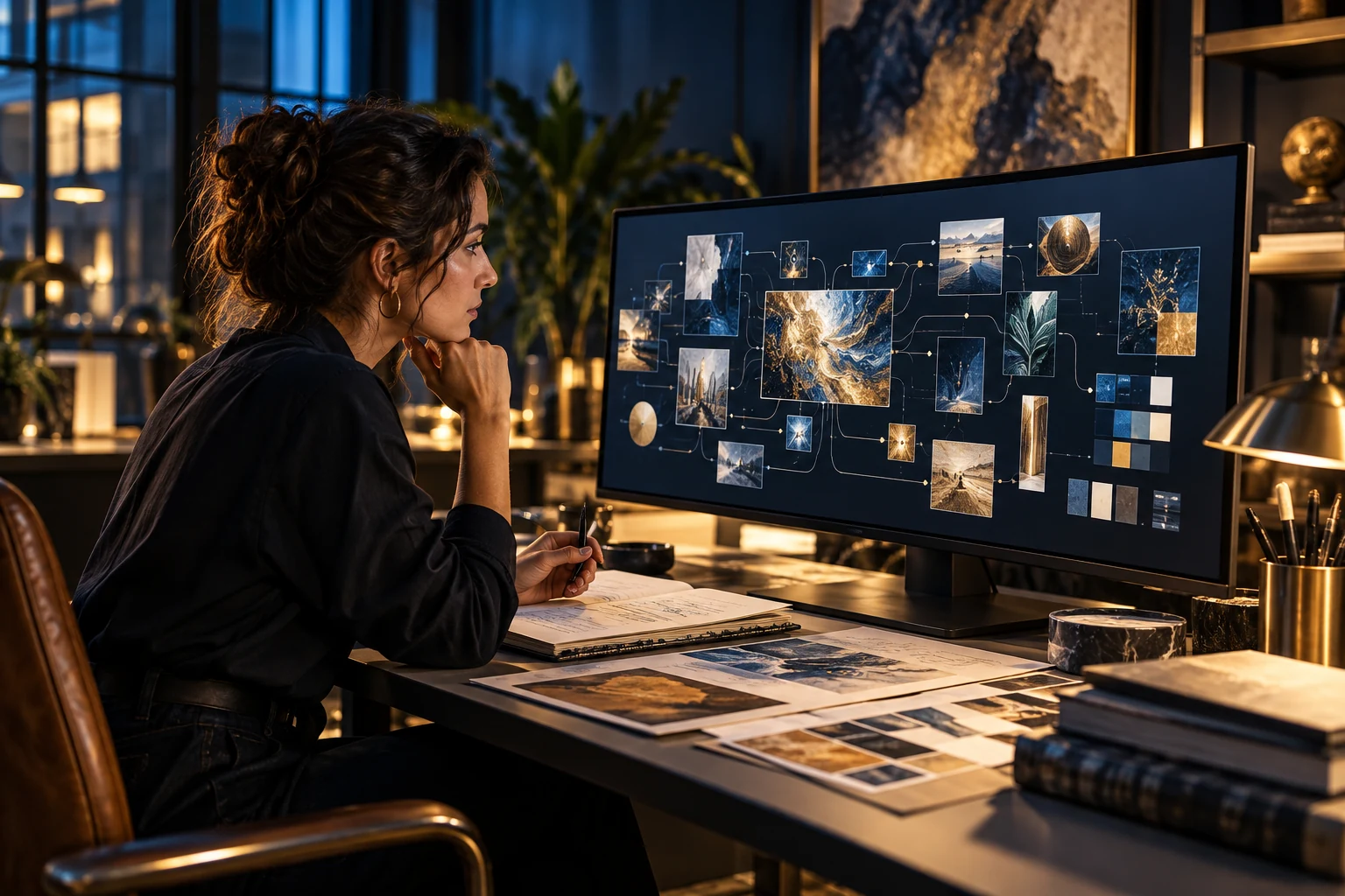 Professional reviewing an abstract workflow on a wide monitor in a cinematic studio