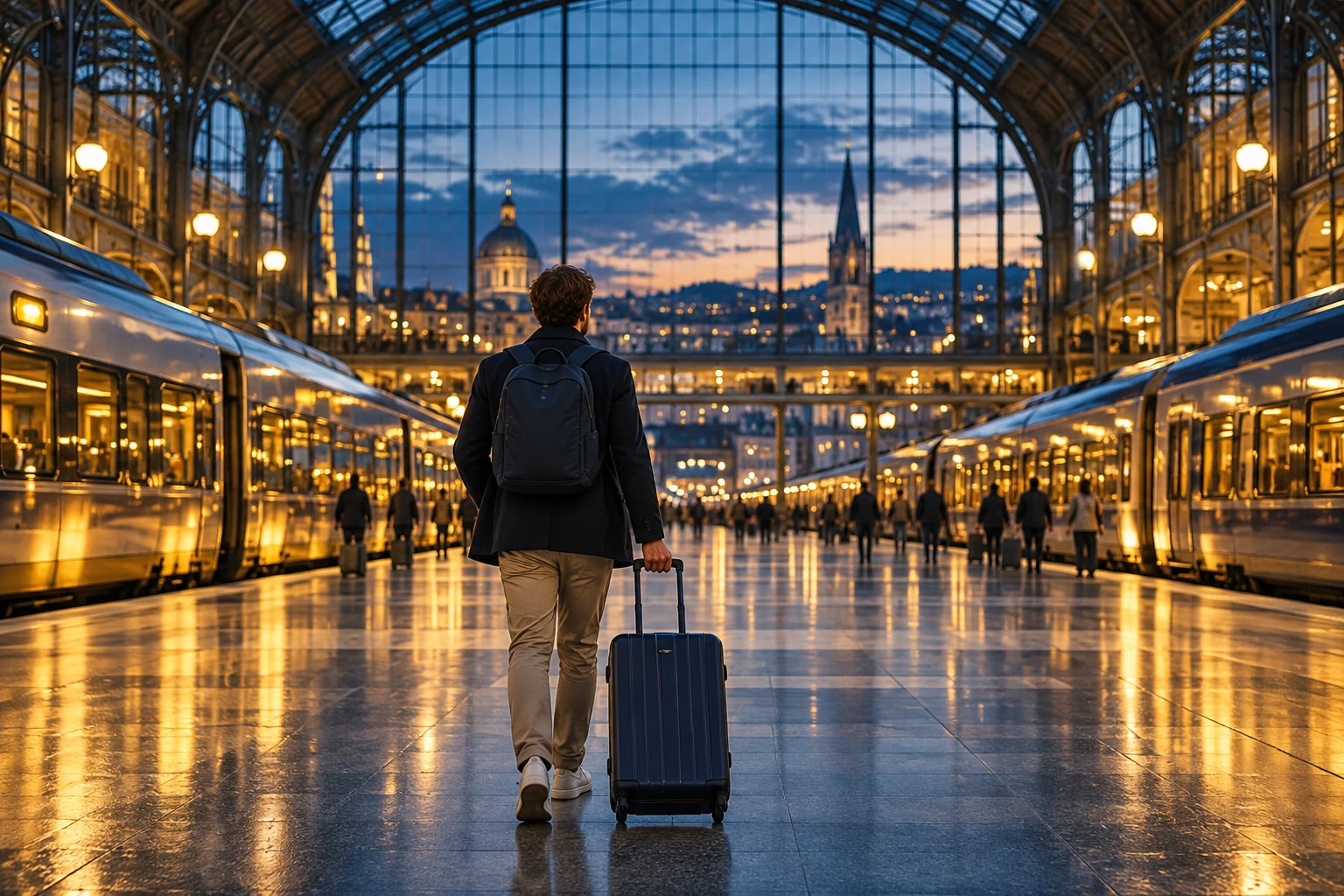 Traveller arriving in an illuminated international train terminal at blue hour