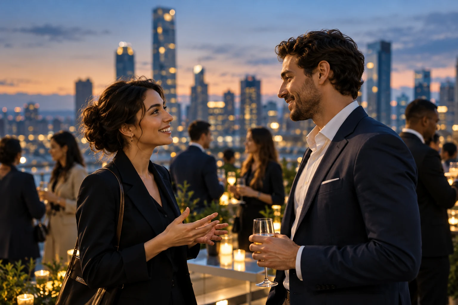 International professionals meeting at a city rooftop event at blue hour