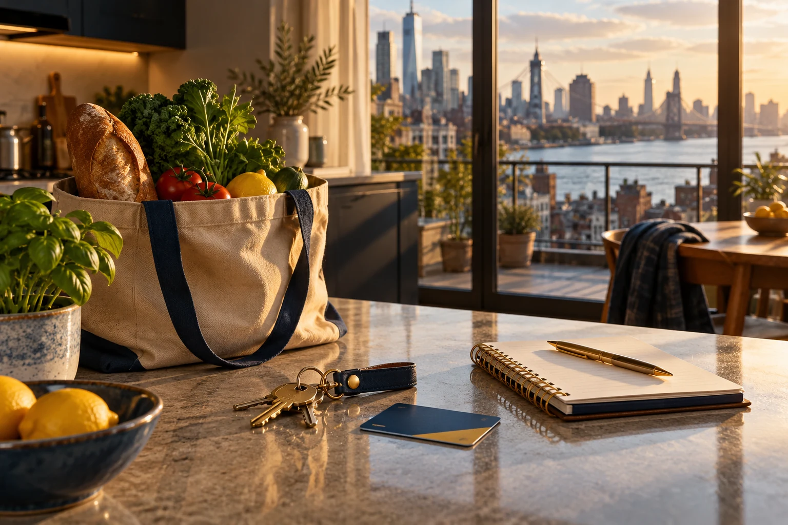Groceries, apartment keys, transit card and budget notebook on an apartment kitchen counter