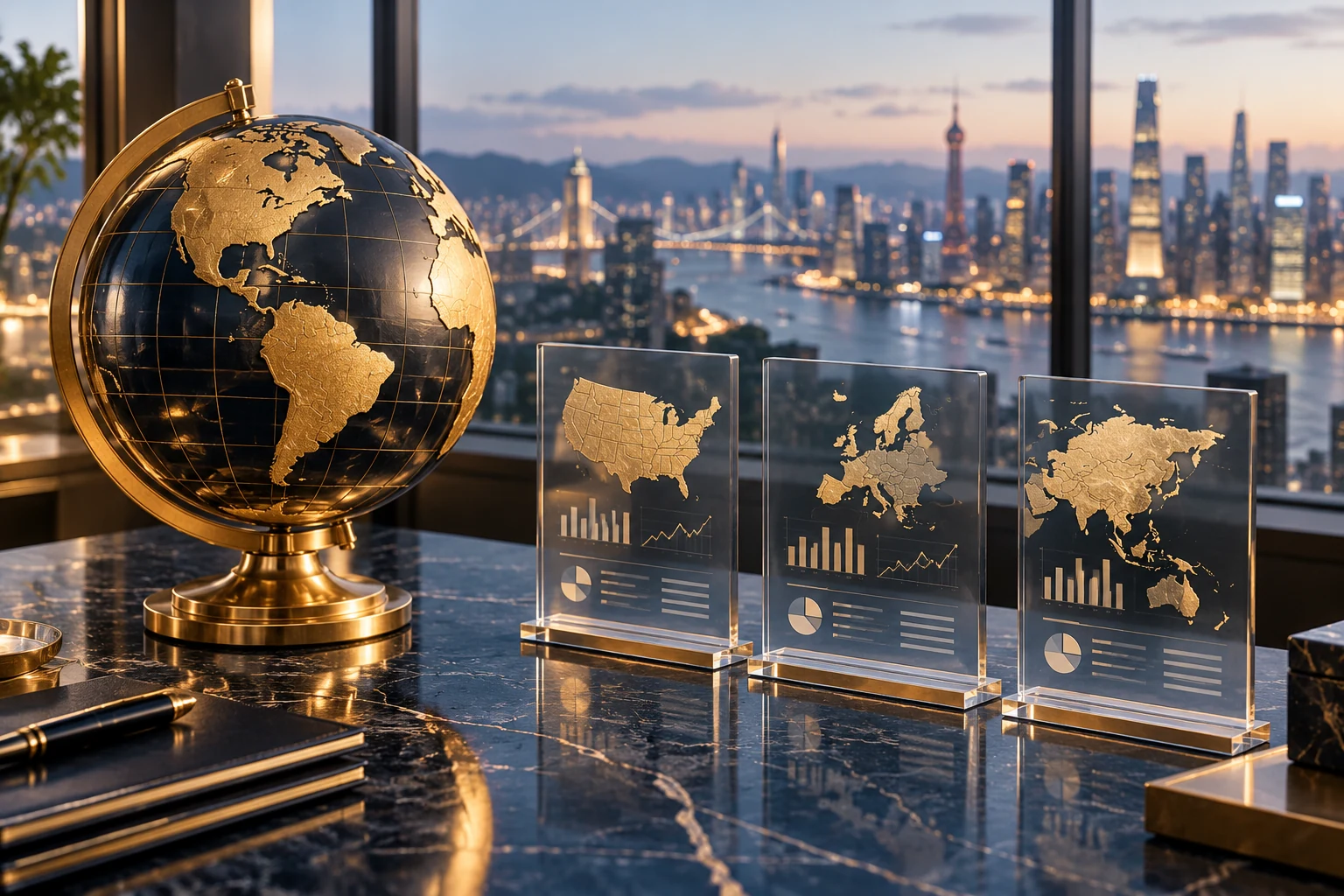 Gold globe and comparison panels overlooking an international city