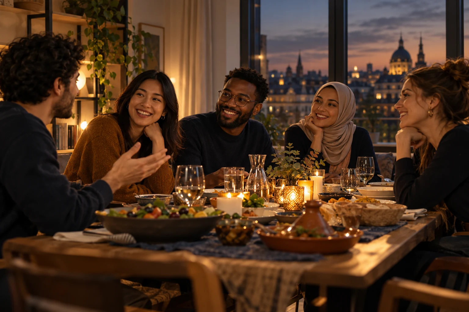 International neighbours sharing an evening meal in a warm modern apartment