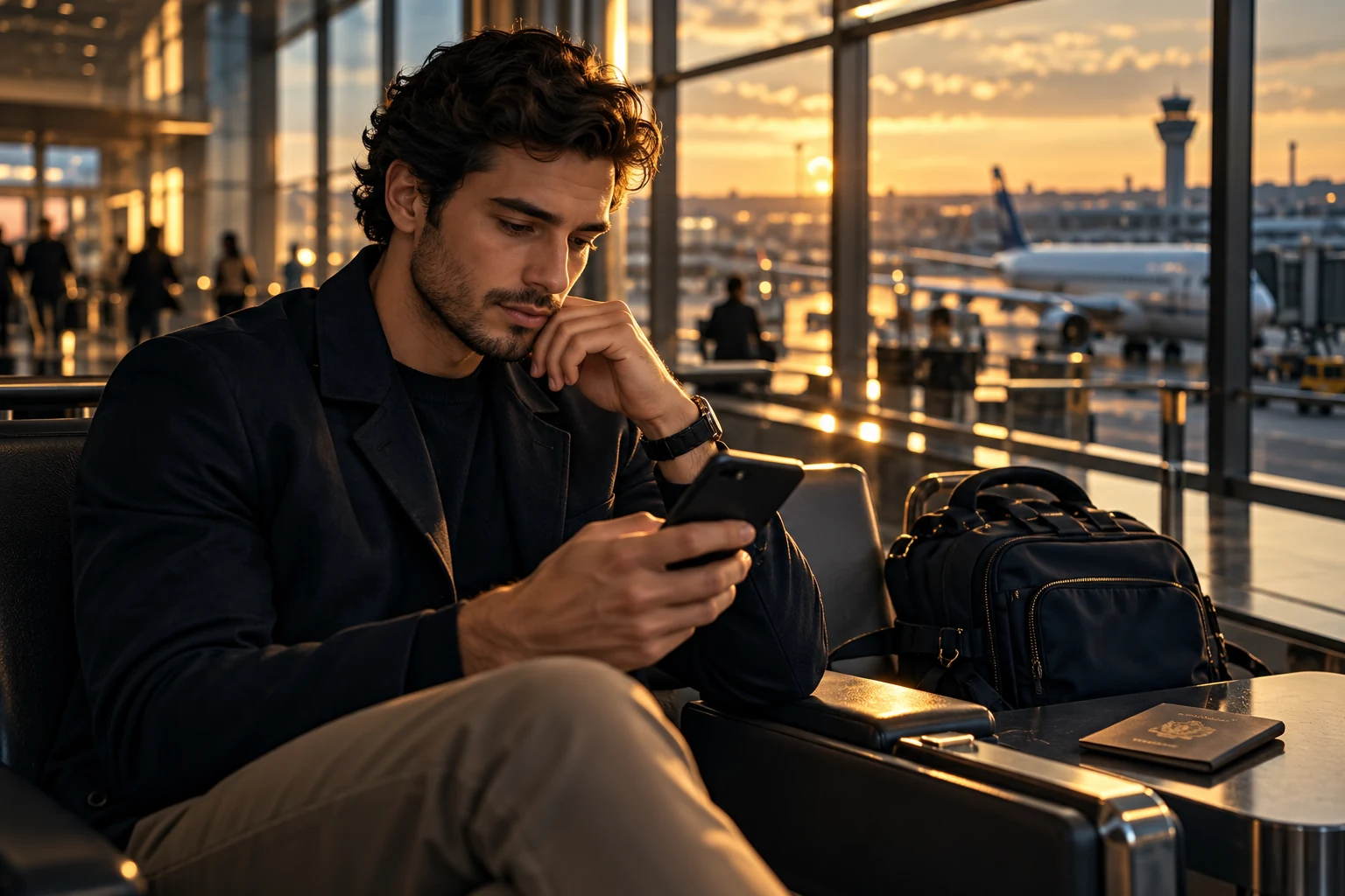 Traveller reviewing a phone beside a passport and backpack in an airport lounge
