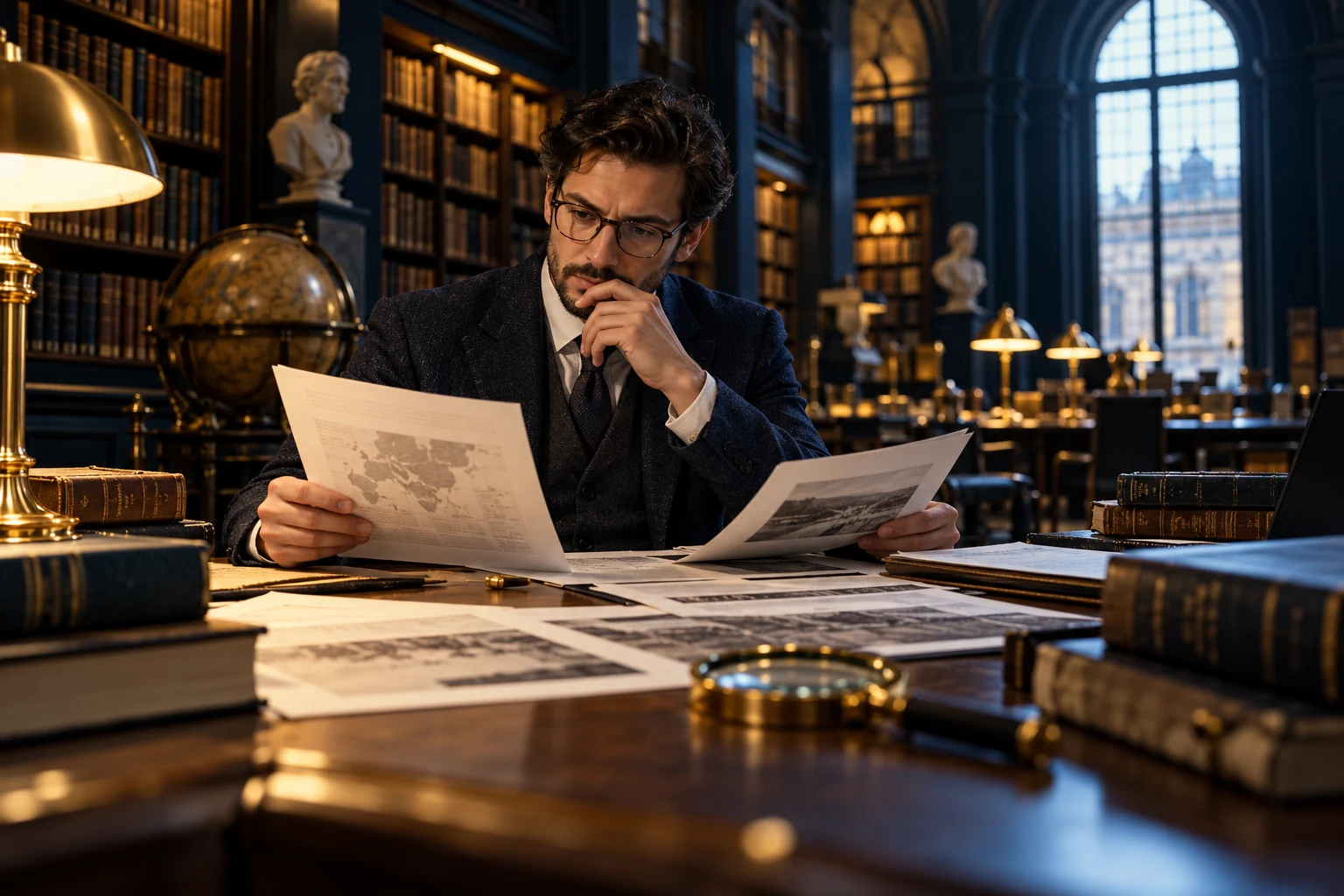 Researcher comparing printed reports in a cinematic library with warm reading lights