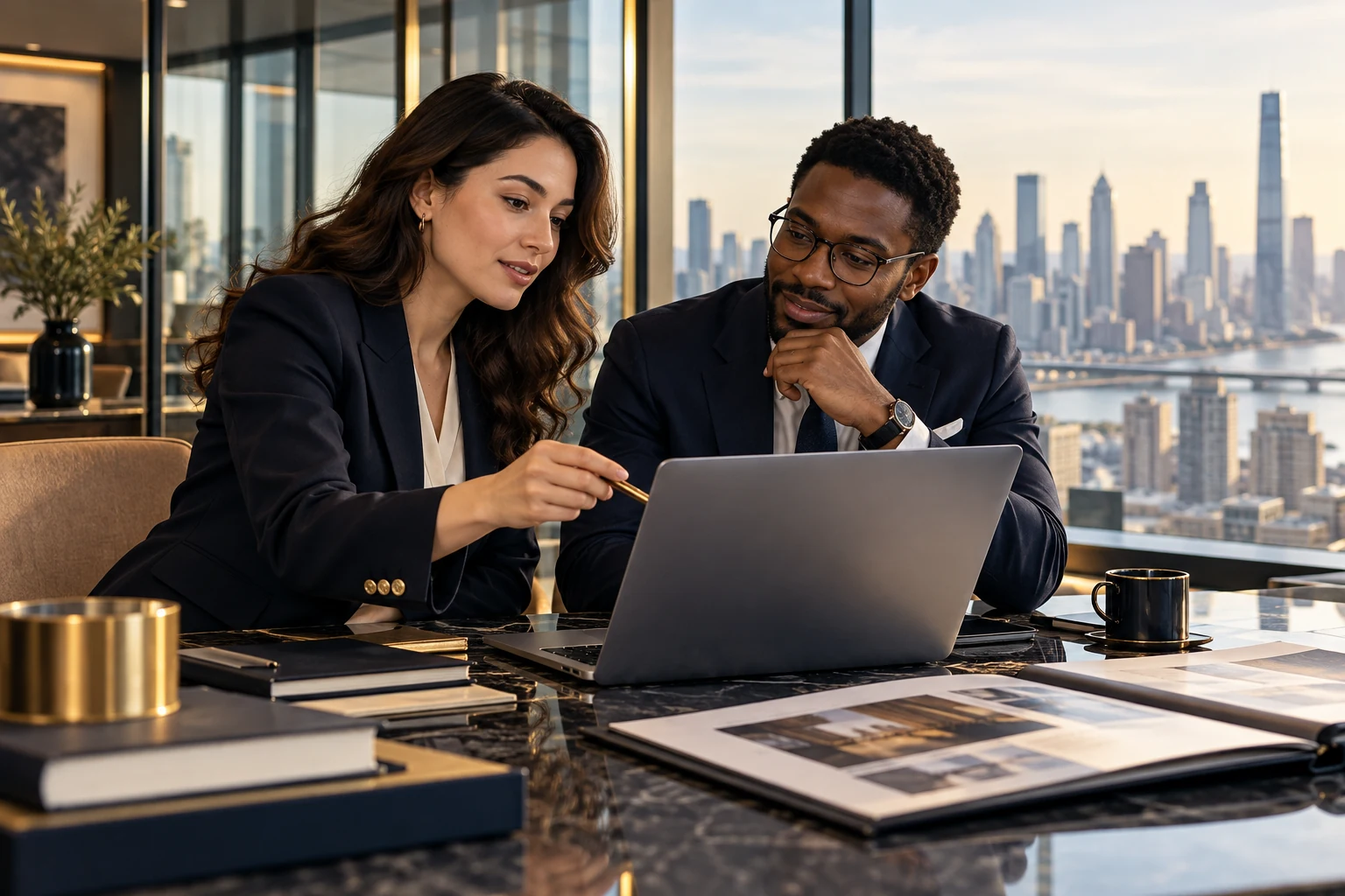 International professionals reviewing a career portfolio