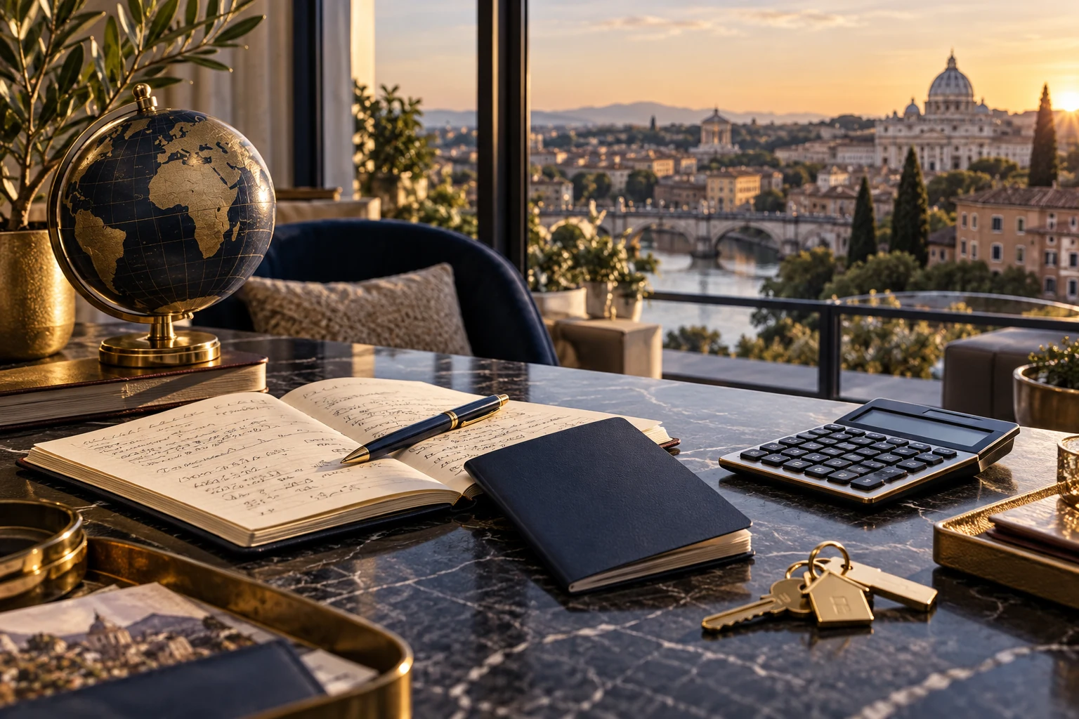 Relocation planning desk with budget notebook and apartment keys