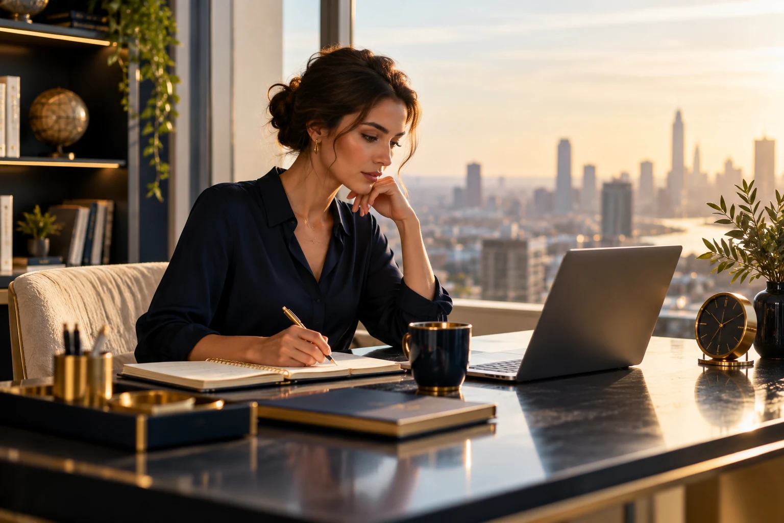 Professional working calmly at a bright home desk with a planning notebook and skyline