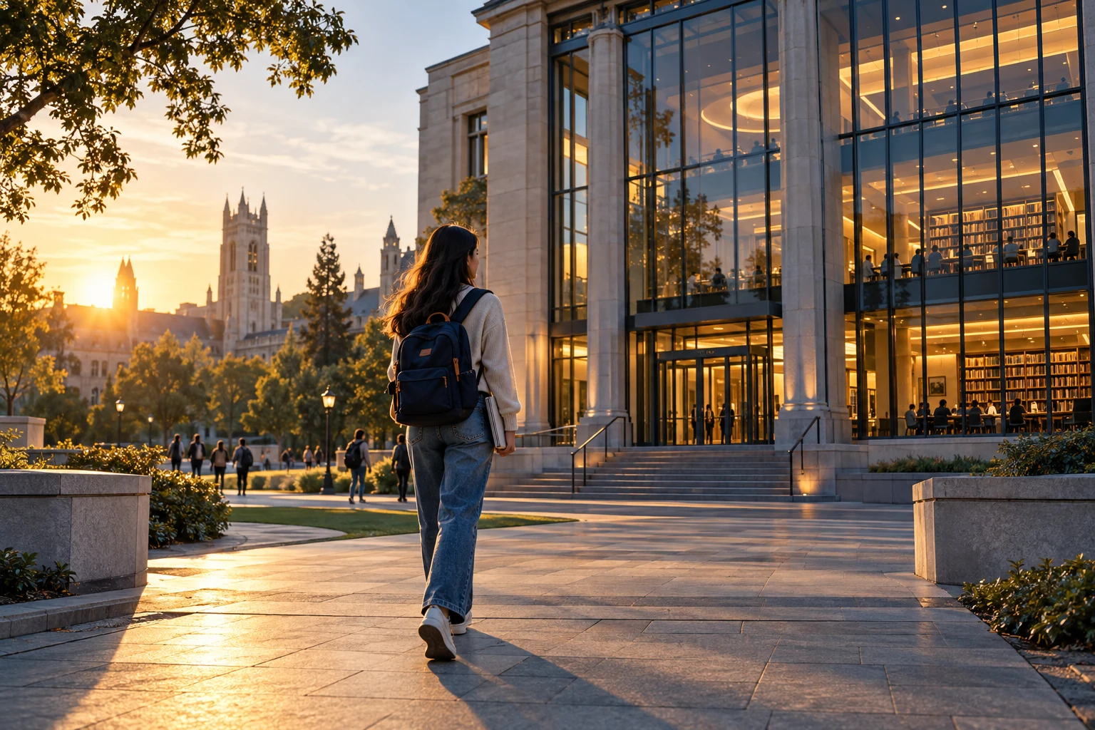International student approaching a modern university library at golden dawn